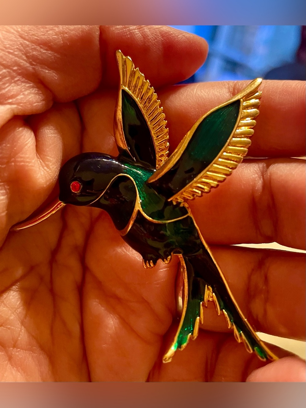 Gold-Trim Green Enamel Hummingbird Brooch with Red Accent